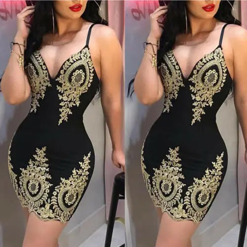 V-neck Sleeveless Embroidery Mini Dress