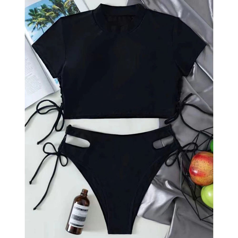 High Cut Tied Hollow Bikini Push Up Swimsuit