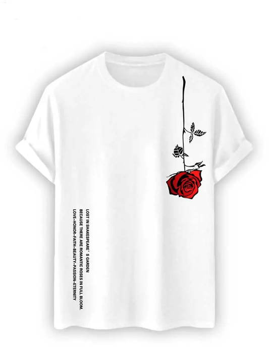 Men's Floral Rose Letter Printed Short Sleeves T-Shirt