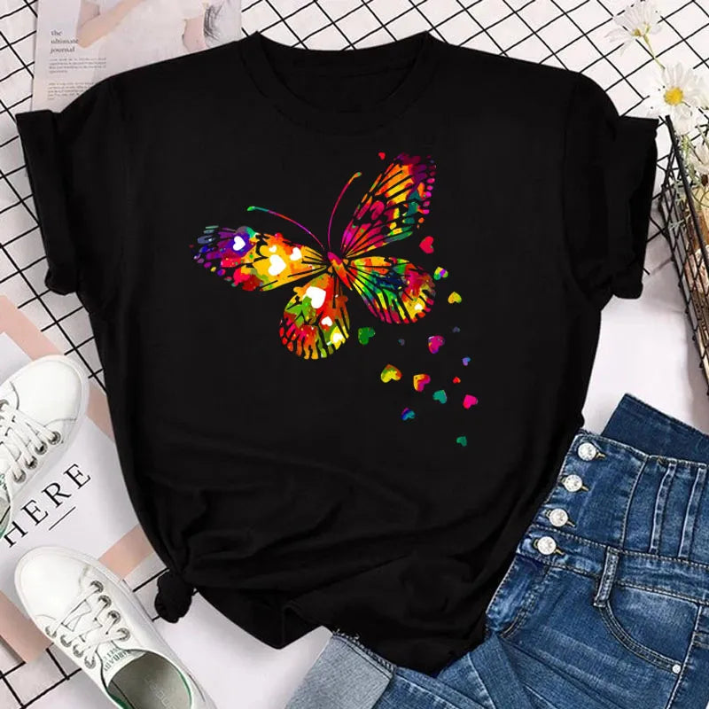 Colorful Butterfly Petal Print Short Sleeve T-shirt