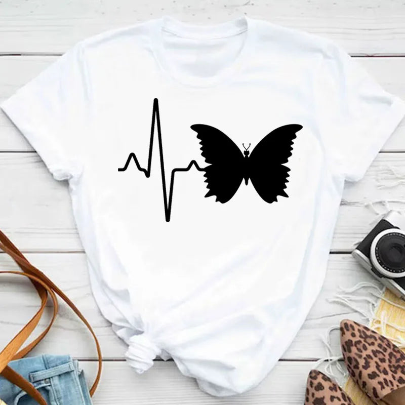 Colorful Butterfly Petal Print Short Sleeve T-shirt