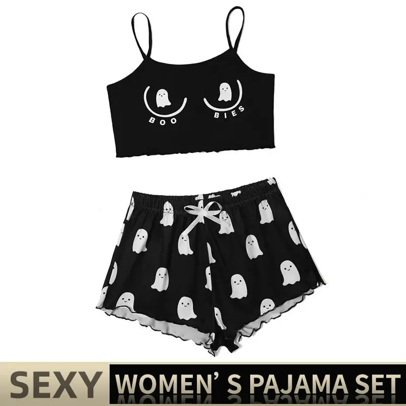 Black Cartoon Print Pajama Set