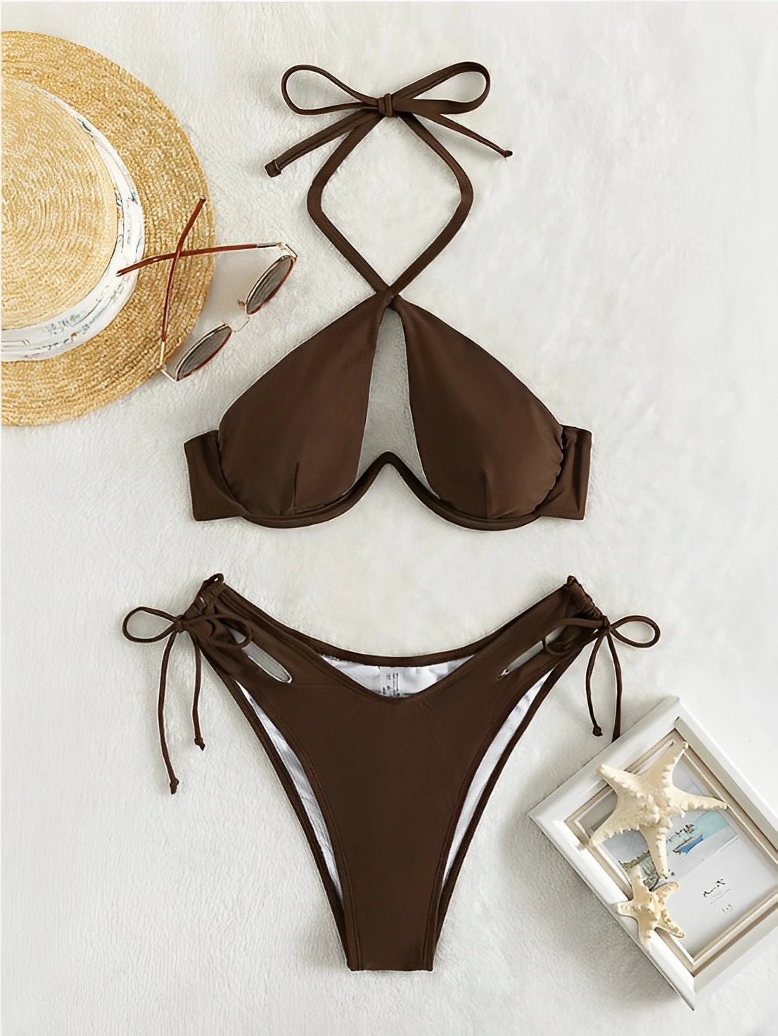 Cut-out Push Up Bikini Solid Swimsuit