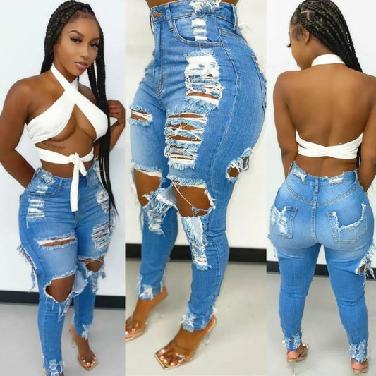 High Waist Zipper Jeans With Holes