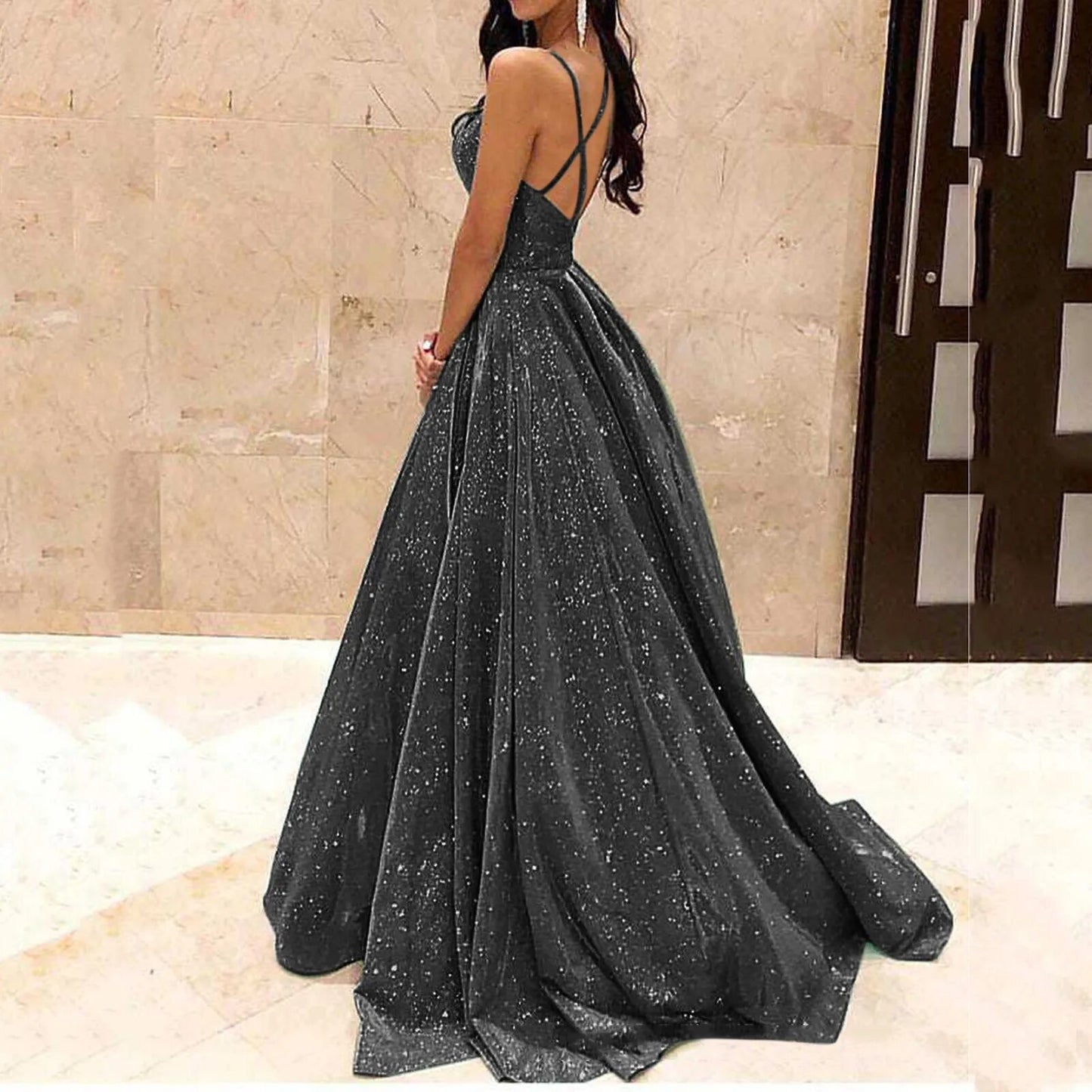 Long Strapless High Pleated Sequin Dress