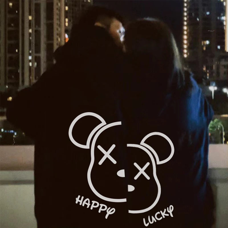 Cartoon Happy Lucky Bear Print Couples Hoodie