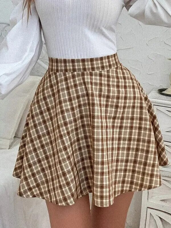 Sweet Contrast Plaid A-line High Waist Skirt