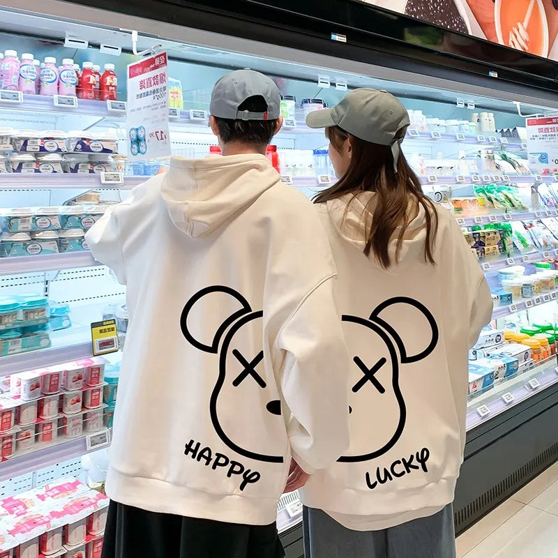 Cartoon Happy Lucky Bear Print Couples Hoodie