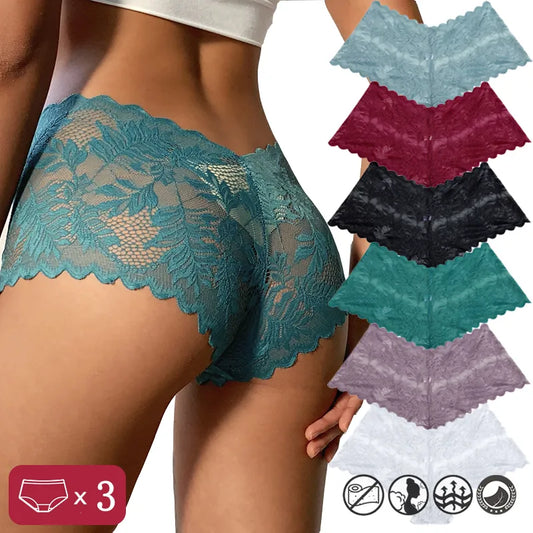3PCS Women Sexy Lace Floral Perspective Underwear