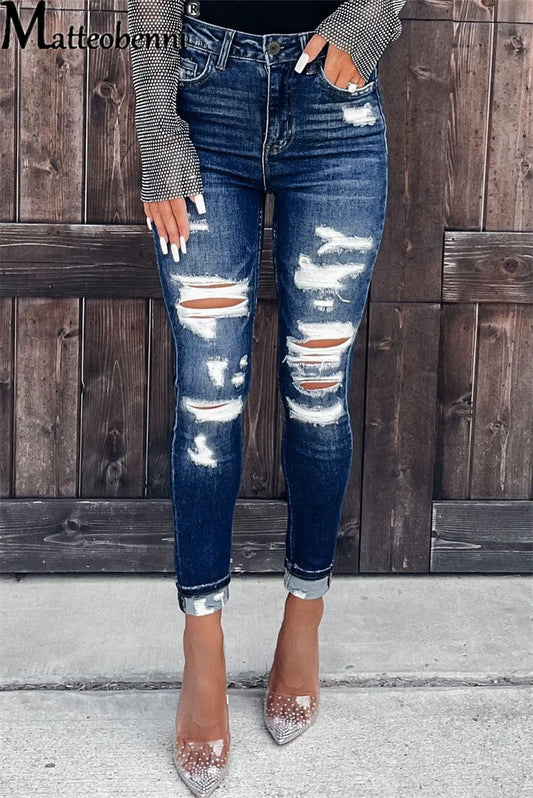 Women's Slim Fit Broken Holes Jeans