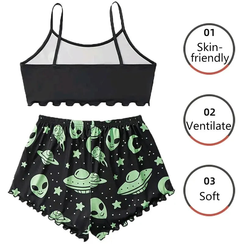 Black Starry Sky Cartoon Print Pajama Set