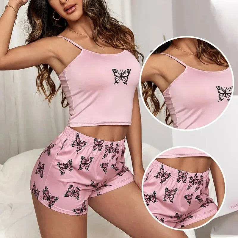 Two Piece Women's Suspender Butterfly Printed Pajama Set