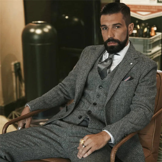 Men's 3 Piece British Tweed Style Slim Fit Blazer Suit