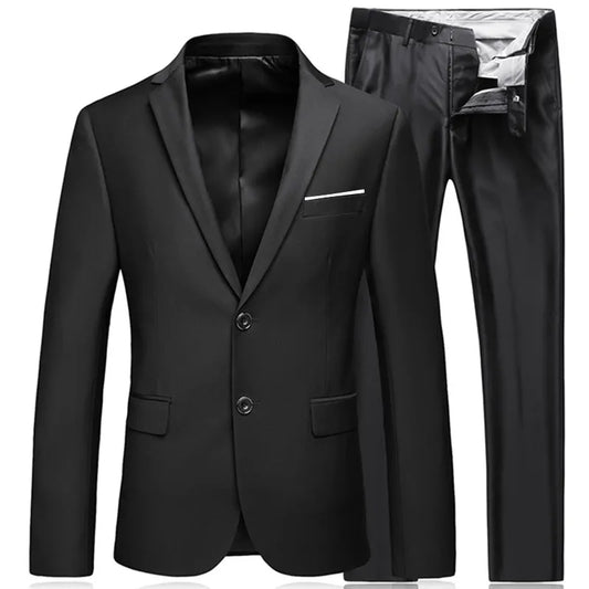 Men's Business Fashion High Quality Gentleman Black 2 Piece Suit Set