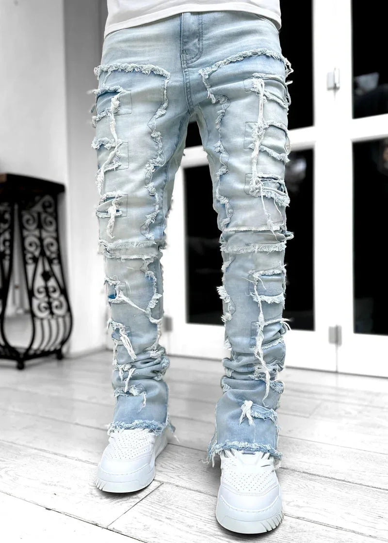 Men's Ripped Slim Fit Patch Jeans