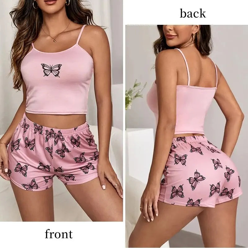 Two Piece Women's Suspender Butterfly Printed Pajama Set