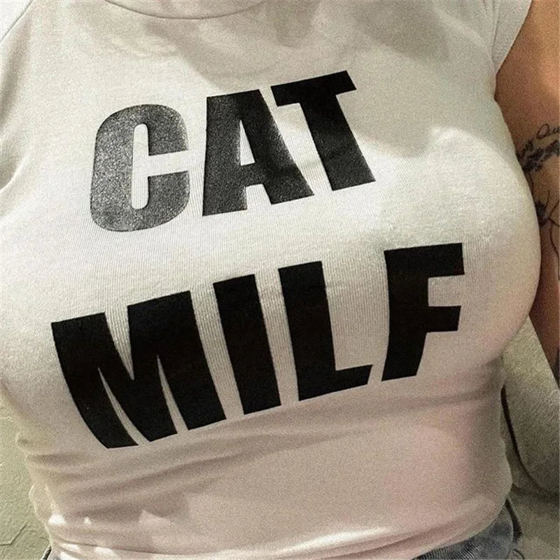 CAT MILF letter Print Short Sleeve t-shirt