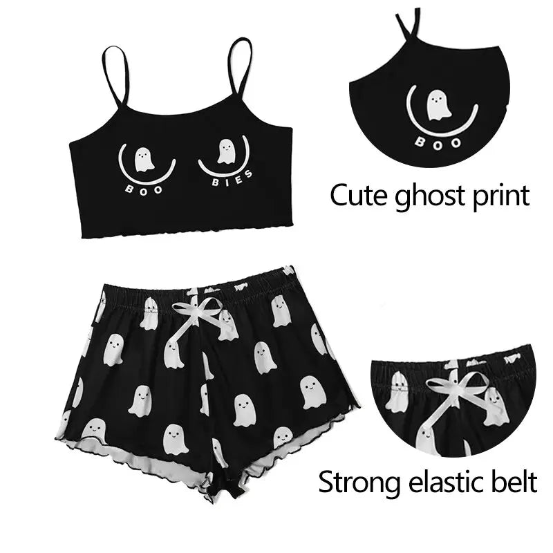 Black Cartoon Print Pajama Set