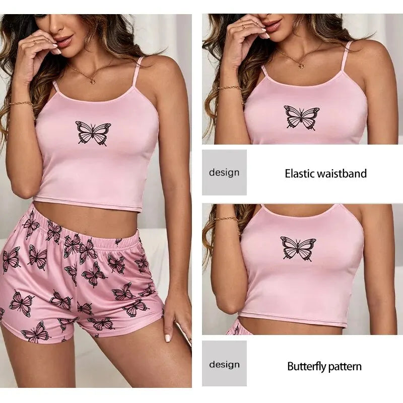 Two Piece Women's Suspender Butterfly Printed Pajama Set