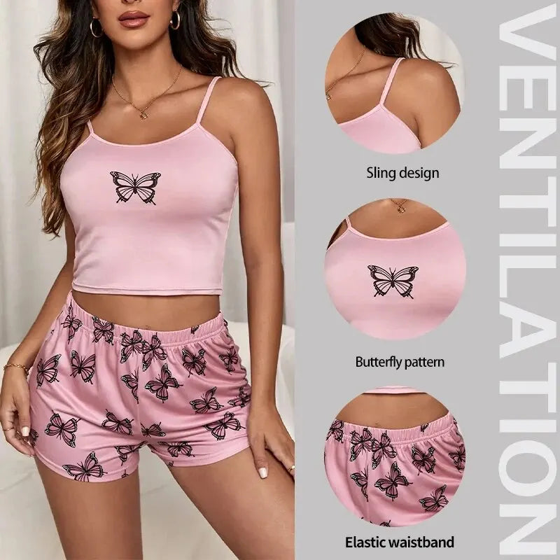 Two Piece Women's Suspender Butterfly Printed Pajama Set